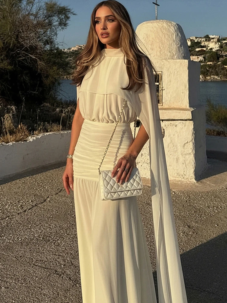 Kliou maille ruban décoration Robe longue femme automne nouveau Style col rond sans manches Robe vacances mode froncé élégant robes