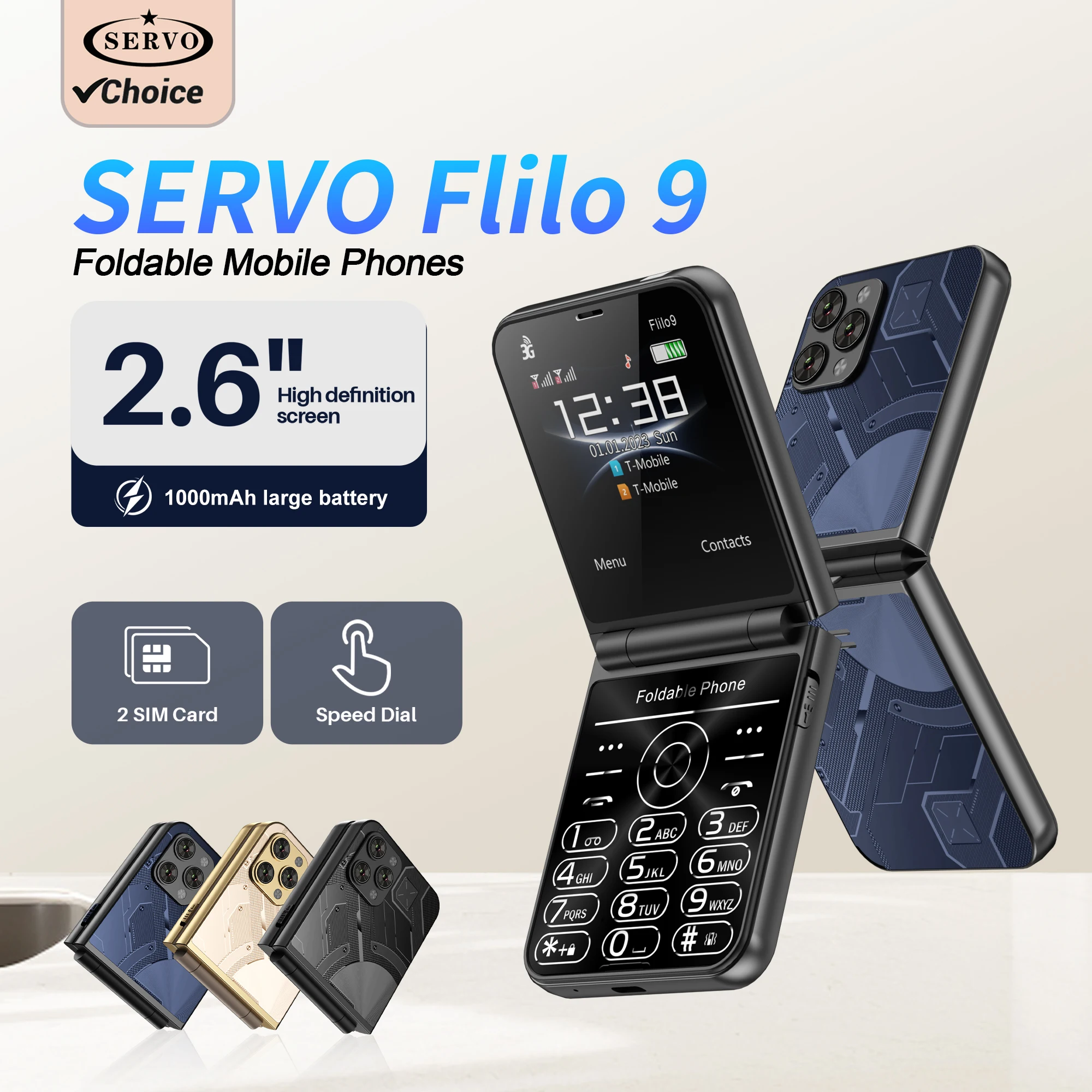انخفاض سعر بيع سيرفو Flilo9 3G فليب الهاتف المحمول 2 بطاقة SIM سرعة الطلب القائمة السوداء دعوة سجل راديو FM 2.6 بوصة أضعاف الهاتف المحمول MP4