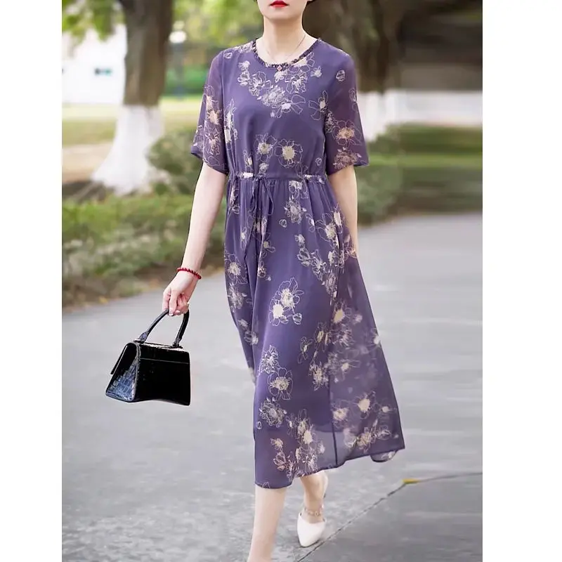 

2024 Women's New Summer Crew Neck Spliced Drawstring Loose Appear Thin Elegant Short Sleeve Knee Length Purple Chiffon Dress