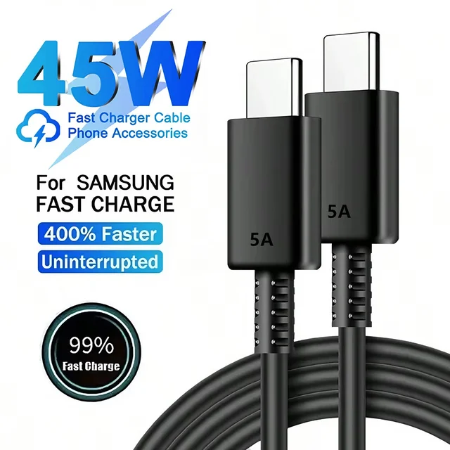 Kabel do super szybkiego ładowania PD 45W 5A Dual USB-C do Samsung S23 S24 S25 Plus Note 20 Ultra A53 A54 A55, kable do szybkiego ładowania Type-C