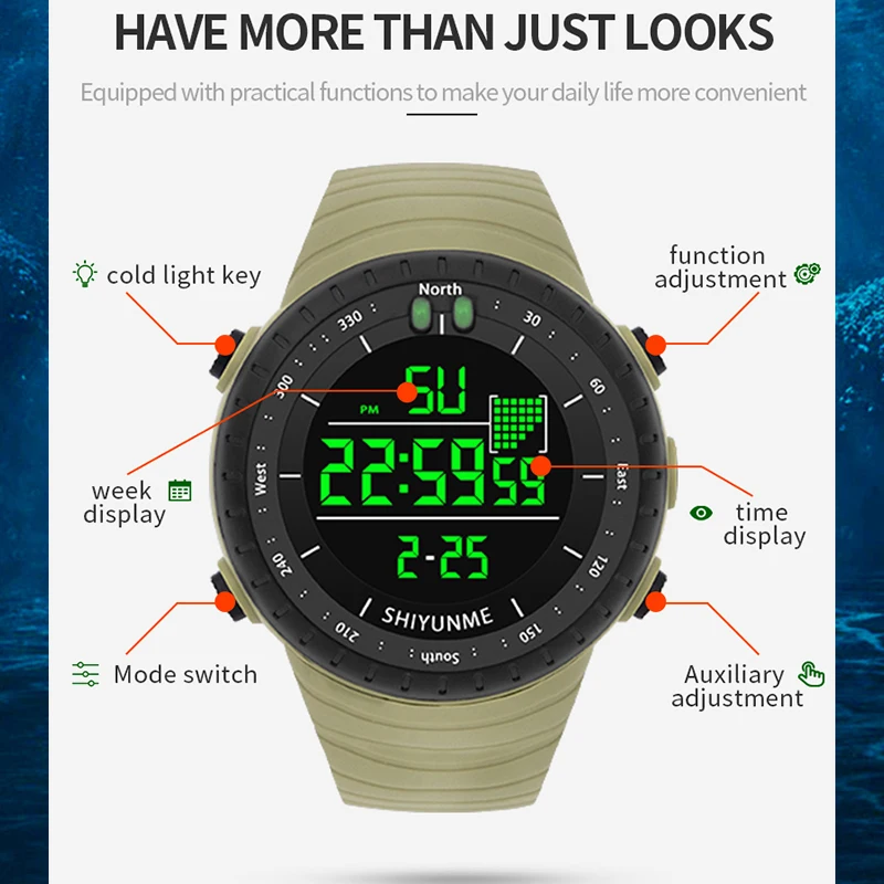 SHIYUNME Top Men's Sports Watch 50M Waterproof Military Display Clock Man Watch LED Digital Luxury Fashion Electronic Wristwatch