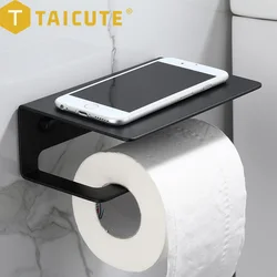 TAICUTE Self Adhesive Toilet Paper Roll Holder Phone Shelf WC Tissue Storage Organizer Bathroom Accessories, Black