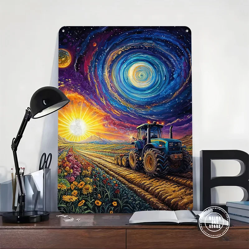 Tractor Under Cosmic Sky Tinplate Posters Customizable Wall Art Retro Vintage Metal Signs for Home Room Garage Decoration Gaming