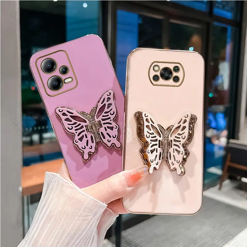 Luxury Butterfly Plating Holder Phone Case On For Xiaomi Mi Poco X2 X3 X4 X5 M3 M4 M5 F3 F4 NFC Pro 4G 5G GT C40 Stand Cover