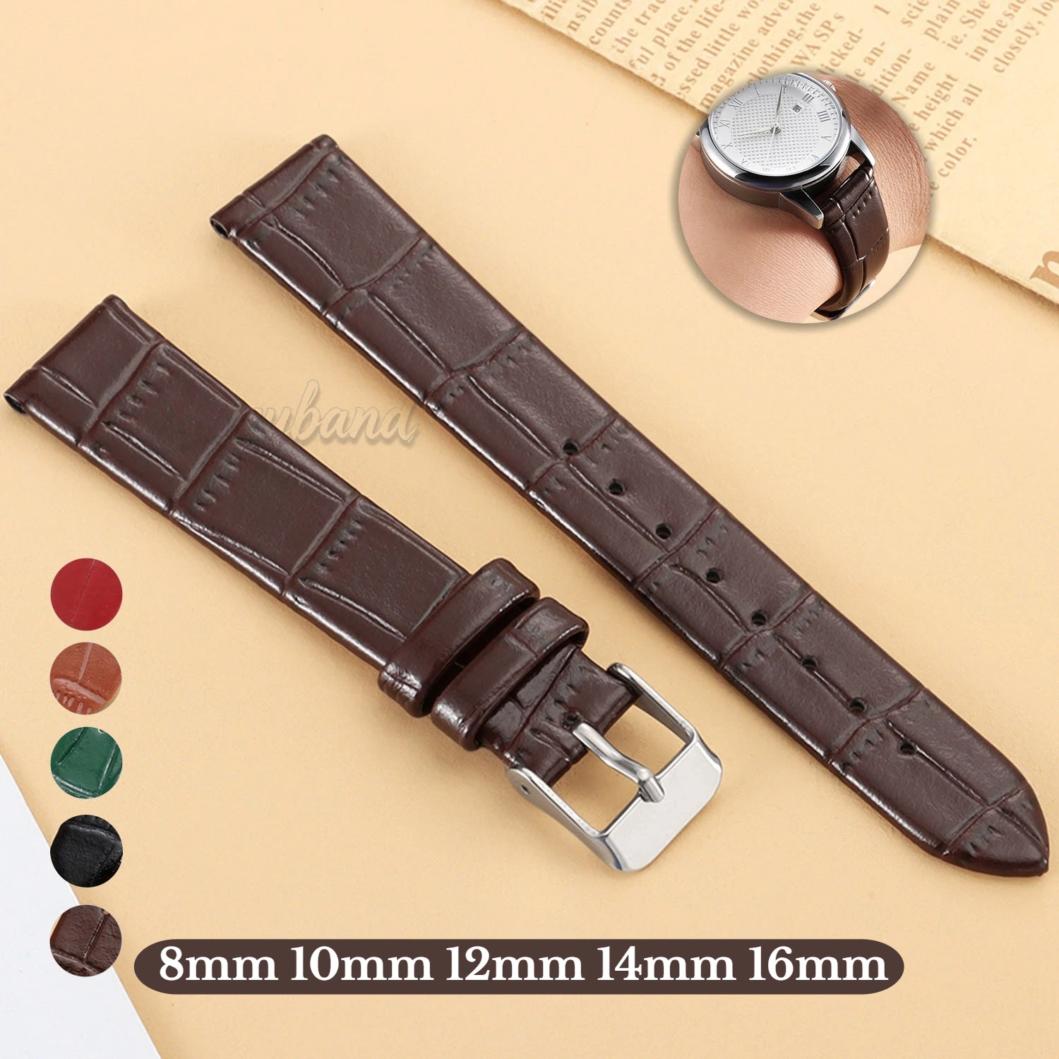 Waterproof Ultra-thin Leather Watch Band Bamboo Patterned Strap 8mm10mm12mm14mm16mm for Women Men Replacement Universal Bracelet