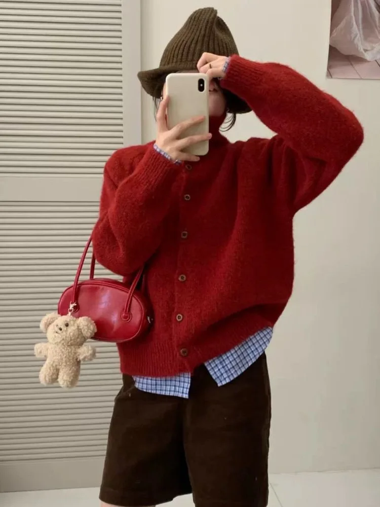 

Inner High Collar Lazy Outerwear Sweater Commute Knitted Open Cardigan Women's Soft Cozy Autumn Winter ey