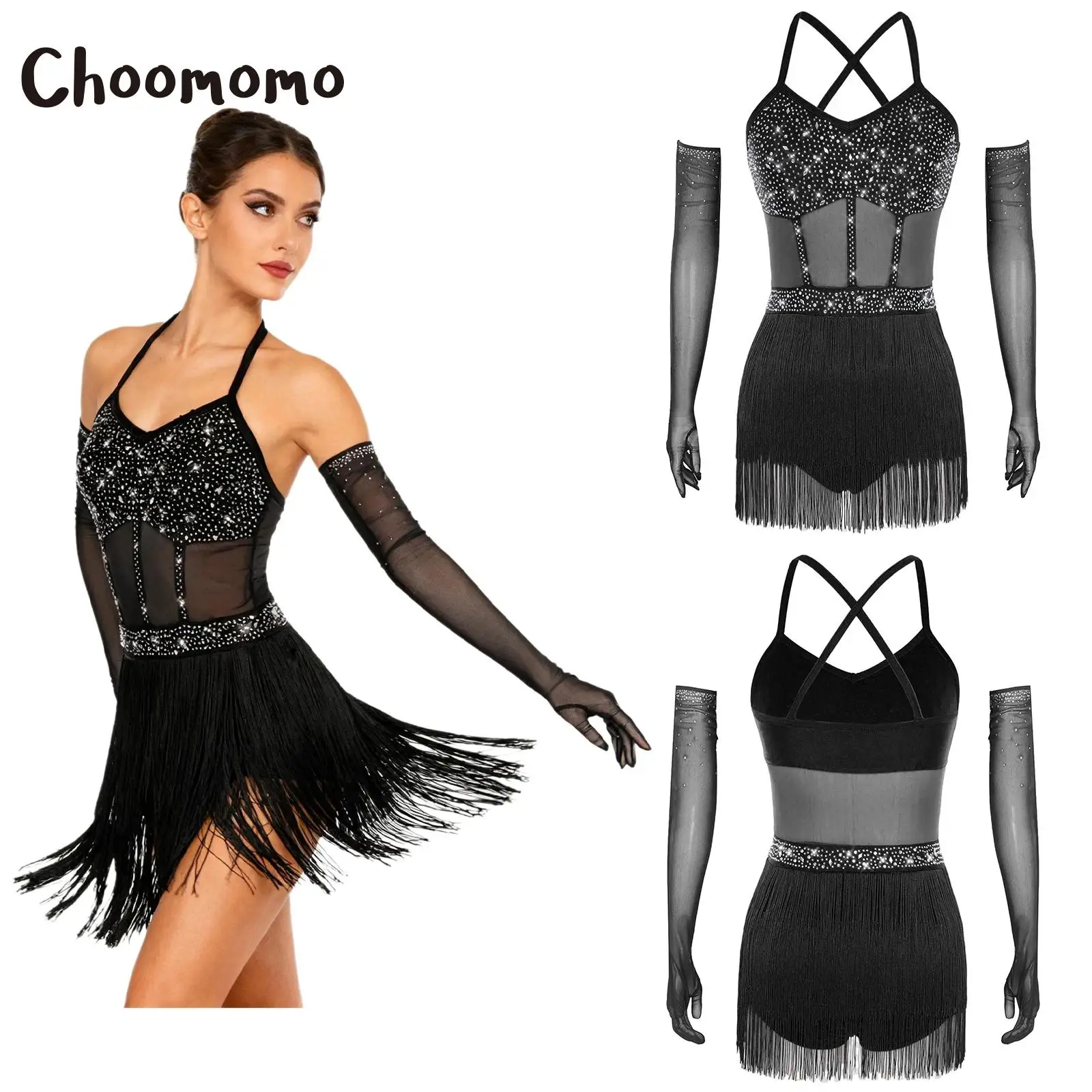 

Women Tassels Latin Dance Leotard Dress Rhinestones Sheer Mesh Bodysuit +Gloves Set Jazz Cha-cha Tango Salsa Ballroom Dancewear