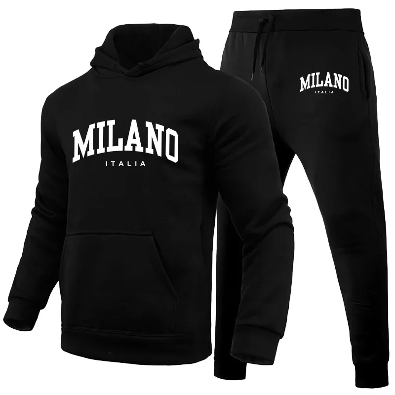 Men\'s Luxury Hoodie Set Milano Print Sweatshirt Sweatpant for Male Hooded Tops Jogging Trousers Suit Casual Streetwear Tracksuit