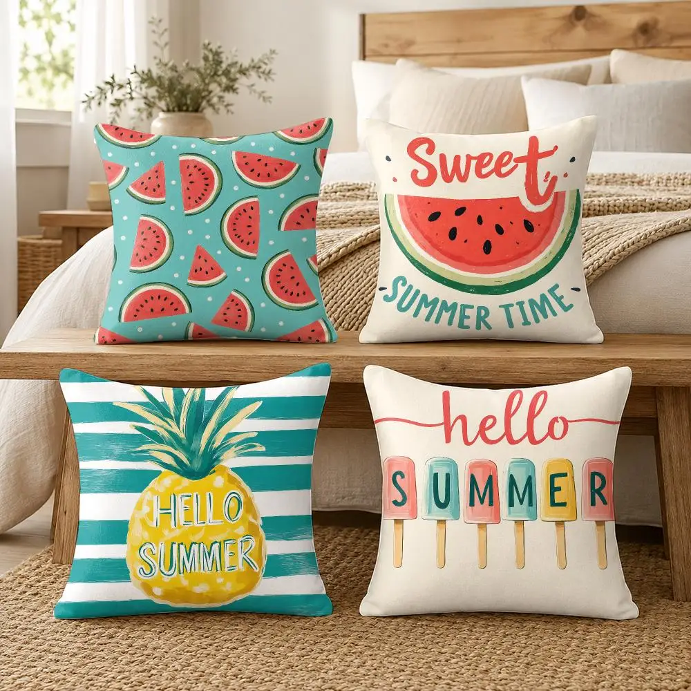 Hand Drawn Summer Artwork Cushion Cover Soft Short Plush Pillow Cover Smooth Cozy Texture Cushion Case Home Decor
