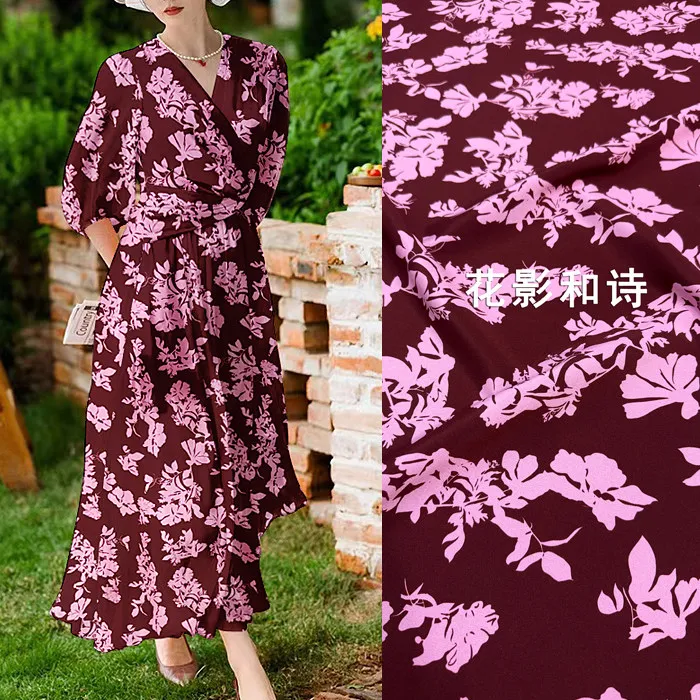 Purple Abstract Floral Silk Stretch Crepe De Chine Fabric Mulberry Silk Material For Dresses 140cm Wide Blouse