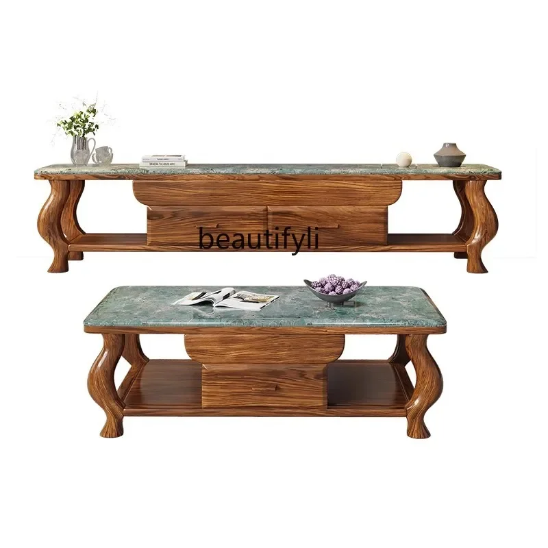 

Marble coffee table TV cabinet combination solid wood new Chinese style living room small apartment simple modern home D96