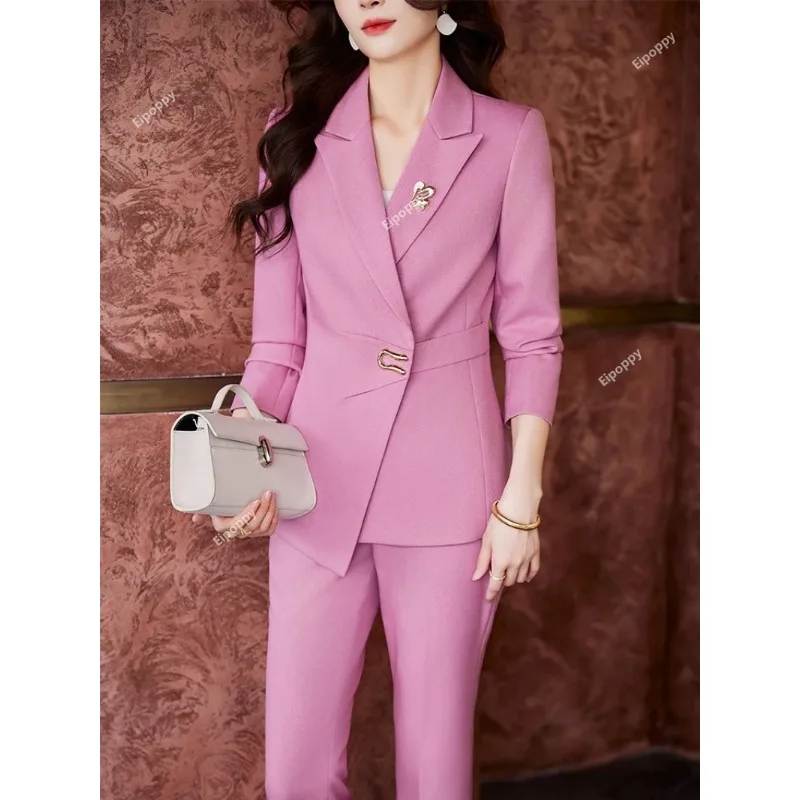 2024 New Elegant Pink Purple Black White Ladies Pant Suit Women Female Business Work Wear Jacket and Trouser Blazer 2 Piece Set