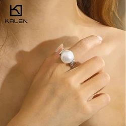 KALEN Elegant Shell Pearl Ring Fashion Gold Colors Stainless Steel Metal Texture Plated Geometric Charm Jewelry Women Engagement