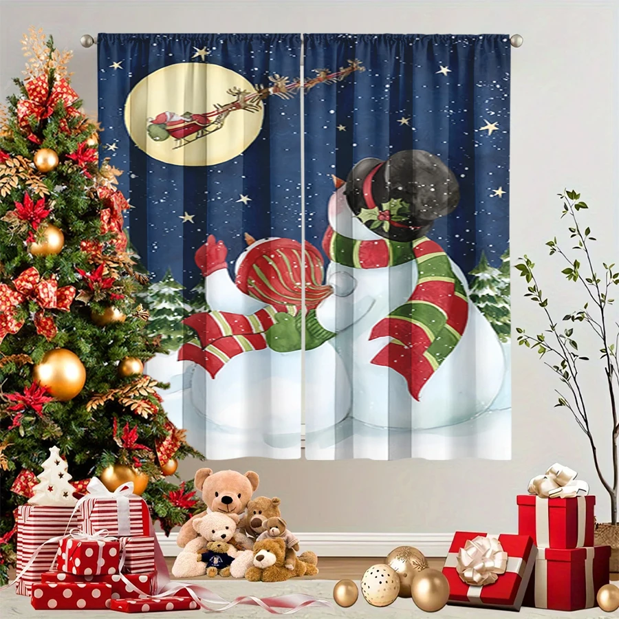 2PCS Christmas Winter Curtains, Snowman Couple Moon Santa Sleigh Reindeer Starry, Digital Print, Bedroom Living Room, Home Decor