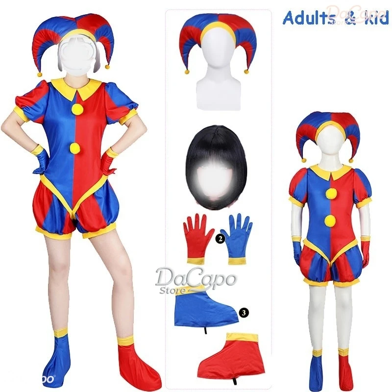 

Adult Kids Cartoon Circus Clown Cosplay Costume wig Halloween Pommni Clothes Hat Onesie Red Blue Stripe Carnival Costume Funny