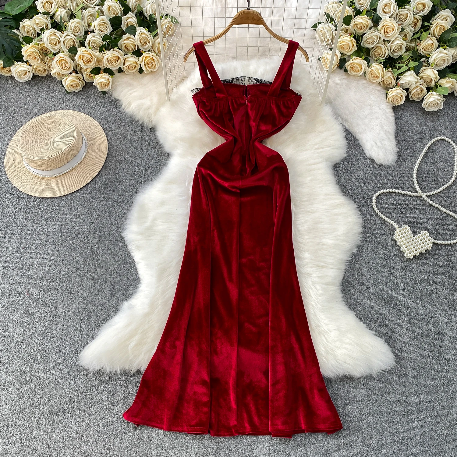 فستان أنيق مثير من الدانتيل القطيفة بدون أكمام فساتين حفلات النادي فستان صيفي للسيدات