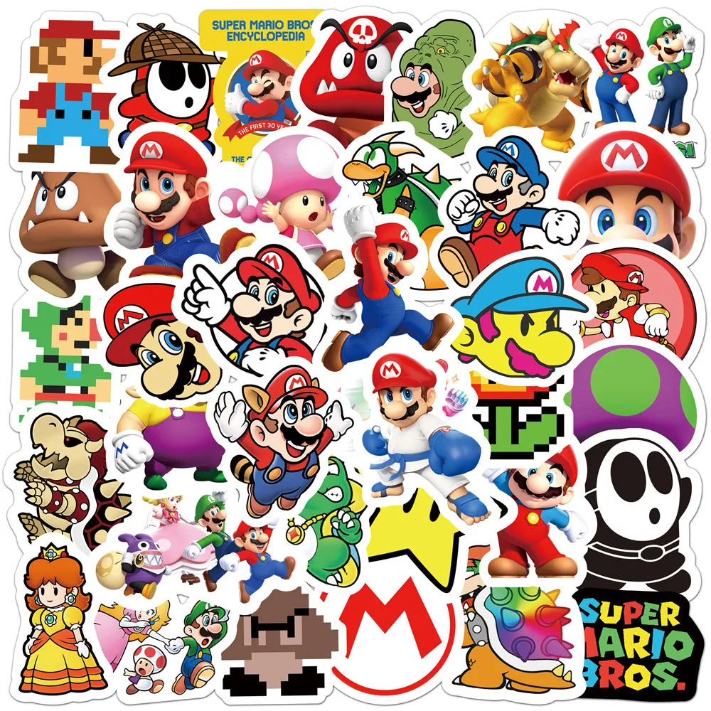 Super Mario Bros Cartoon Stickers 50pcs Mario Yoshi Anime Figures Toys Car Trunk Guitar Graffiti Kawaii Stickers Childrens Gifts