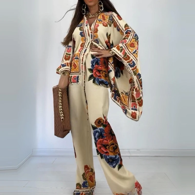 Ethnic Vintage Fashion Loose Printed Shirts Pants Sets Elegant Women Batwing Long Sleeve Single Breasted Shirt Wide Leg Pant