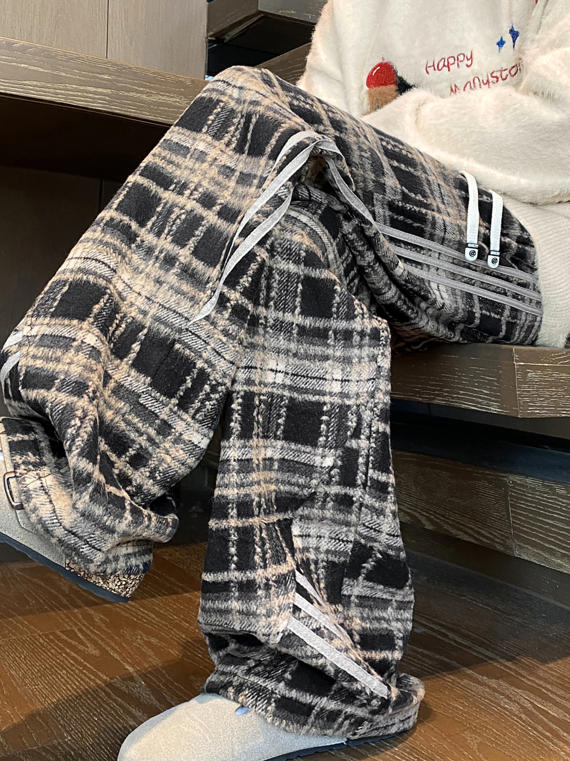 

American Sle Heavyweight Plaid Casual Pants Men Winter New Loose Straight Leg Long Pants Boys Retro Dra Wide Leg Pants