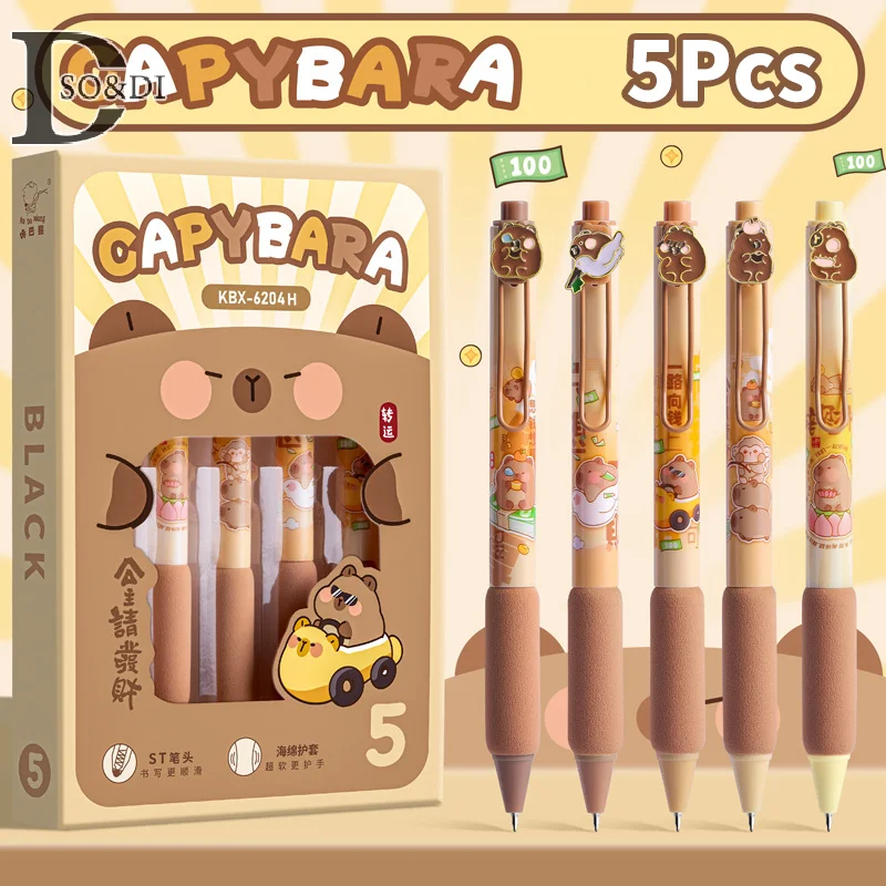 Capybara-Ensemble de stylos gel à presser Kawaii, patch de dessin animé en métal, stylo à bille à encre noire, accessoires de bureau, papeterie scolaire, 0.5mm, 5 pièces