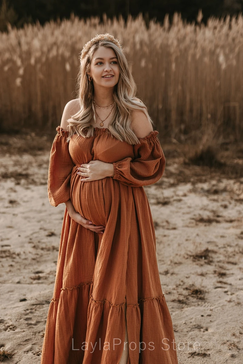 Off Shoulder Women's Boho Dresses Maternity Gown Fotoshoot One Size Maxi Pregnancy Muslin Vintage Baby Shower Photoshoot Session