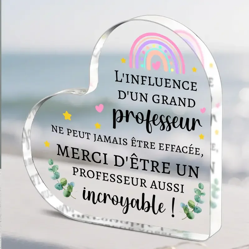 1pc Heart-Shaped Acrylic Desktop Decoration Merci Professeur Acrylic Heart Sign, French Quote Teacher Appreciation Desktop Ornament