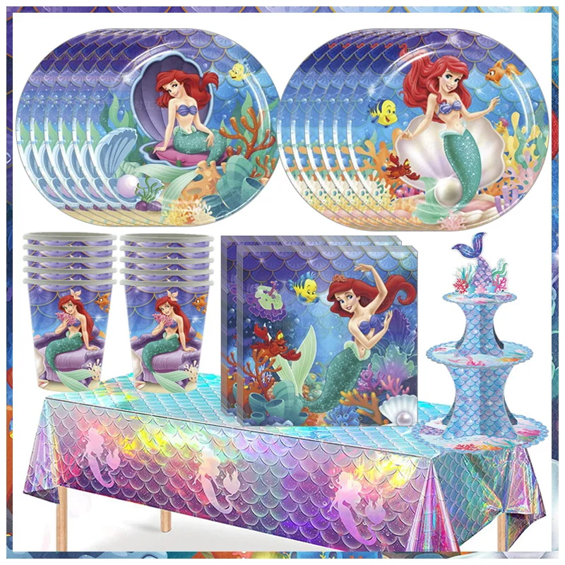 Disney The Little Mermaid Birthday Party Decoration Supplies Ariel Princess Paper Plate Napkin Cup Tablecloth Balloon Baby Showe