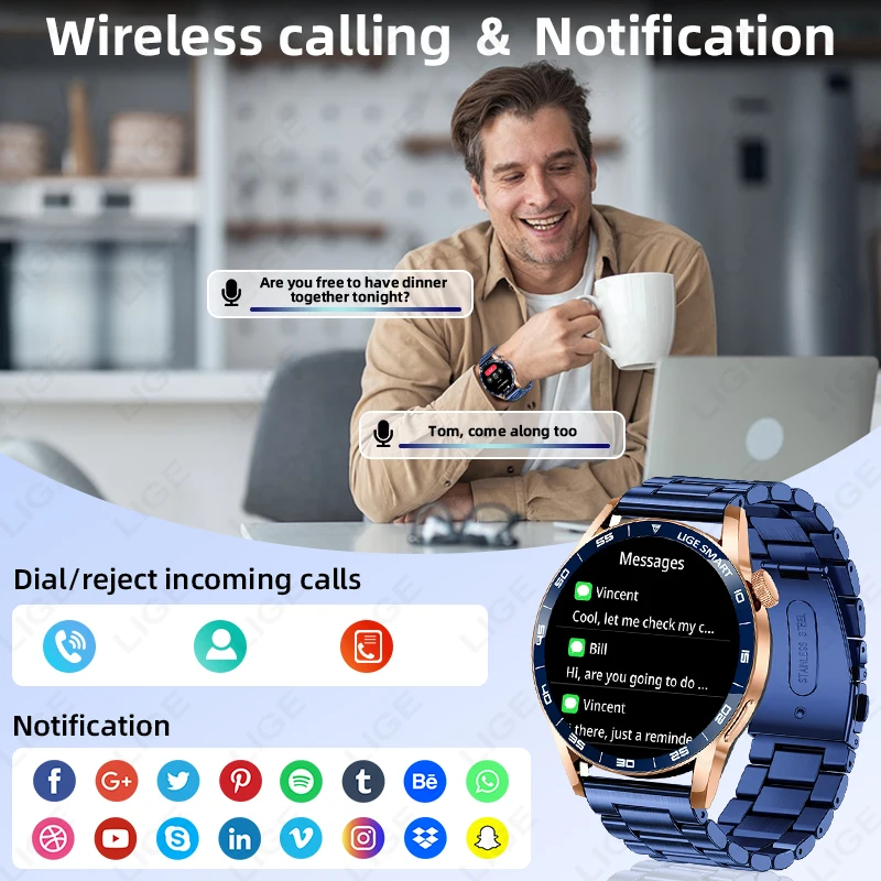 LIGE Smart Watch Voice Assistant Weather Forecast Magnetic Charging Waterproof Music Control Men Smart watchs For Android IOS