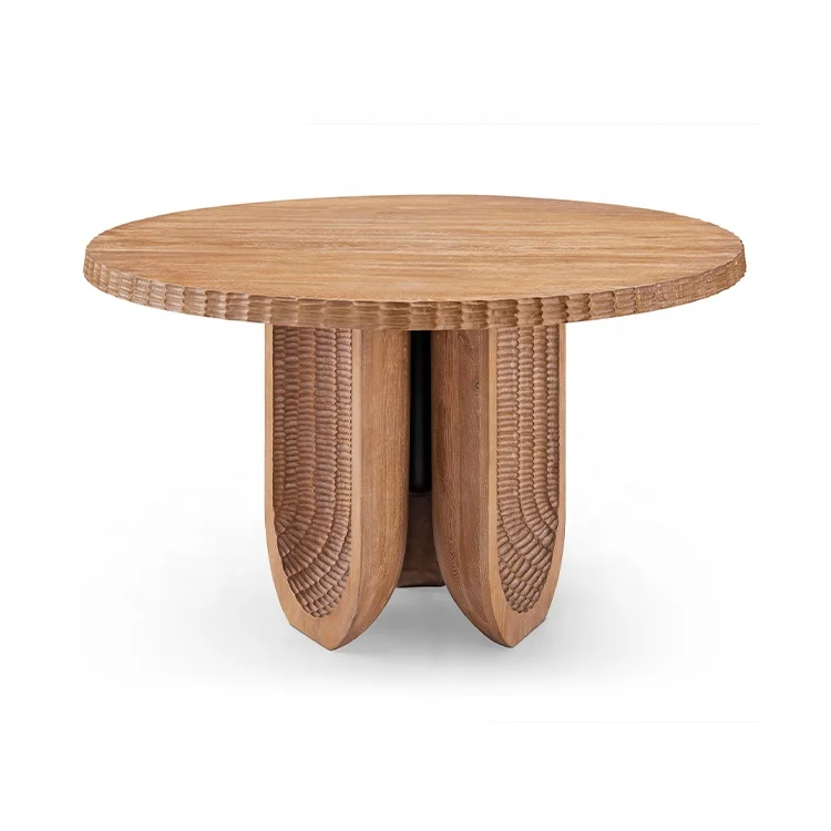 

Solid Wood Top And Natural Forged Pattern Base Modern Smart White Oak Wood Round Coffee Table