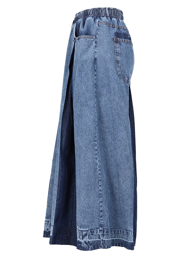 [EAM] Jeans a gamba larga a blocchi di colore in denim blu navy a vita alta Nuovi pantaloni larghi da donna Moda marea Primavera Autunno 2024 1DE