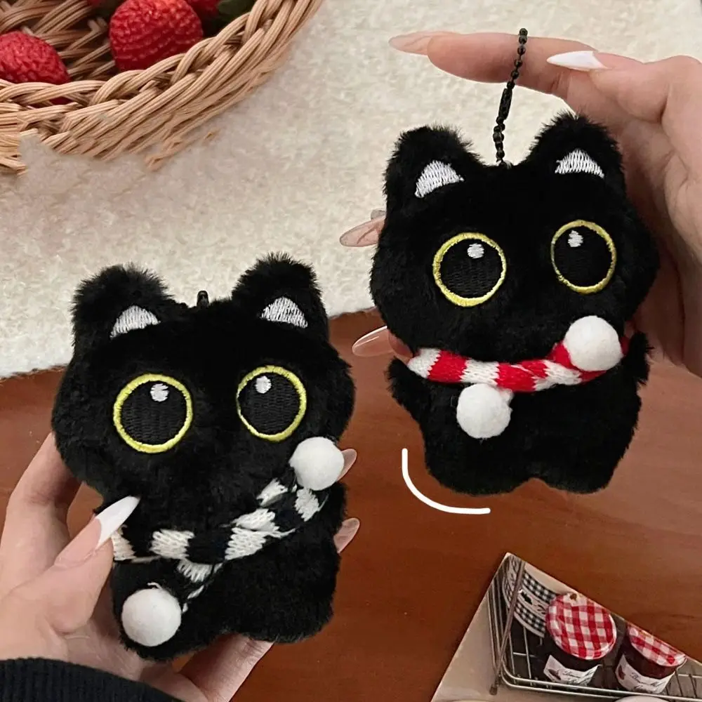 Lovely Soft Squeak Scarf Black Cat Pendant Chirping Cartoon Squeeze Plush Keychain Toys Keyring Plush Stuffed Toys Unisex