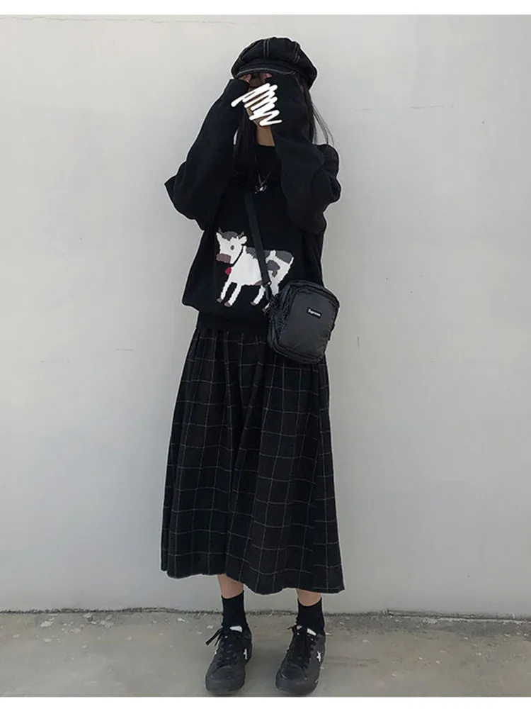 2 colors japanese style high elastic waist Long Skirts Woman 2019 autumn winter plaid A-line pleated Skirts womens (X1078)