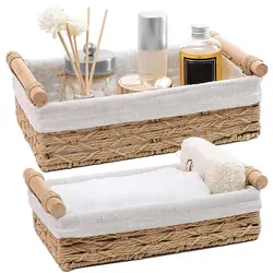 2pcs Hand woven Rattan Storage Basket With Cotton Lining Hotel Tray Towel Basket Storage Bread Fruit Cake Platter With handle