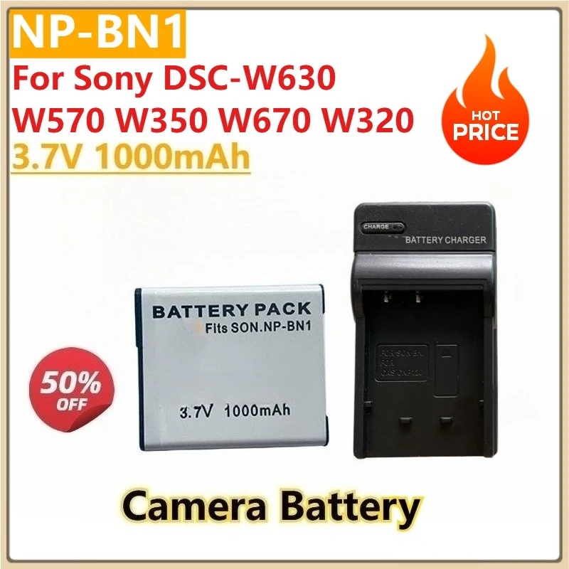 

New Digital Camera Battery NP-BN1 3.7V 1000mAh for Sony DSC-W630 W570 W350 W670 W320 Batteries + Charger