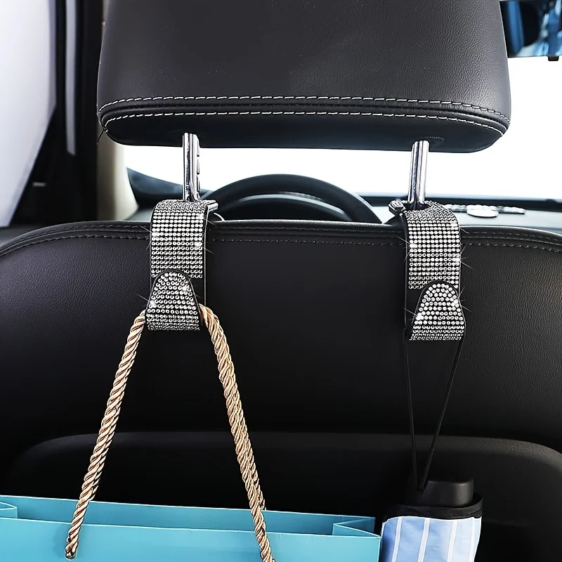2pcs Dazzling Sequined Diamond-Studded Car Back Seat Headrest Hooks Stylish Car Handbag Holders with Adjustable Shoulder Straps