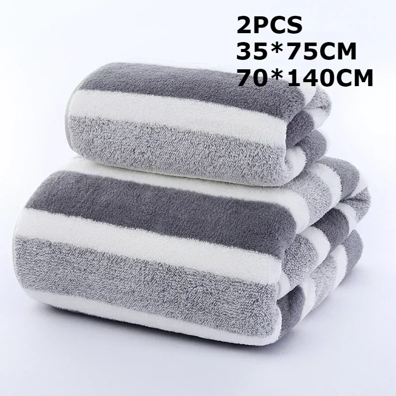 2PCS Striped Pattern Towel Set Soft Face Towel Bath Towel Quick Drying Absorbent Towels For Bathroom