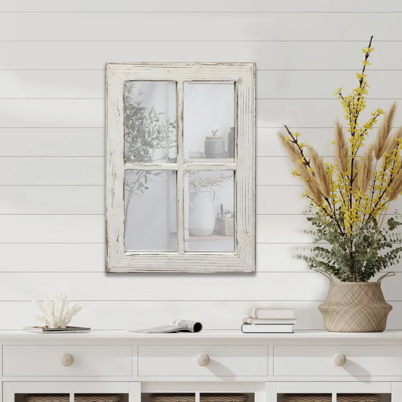 

Rustic Small Window Pane Mirror Wall Decor 11 x 16 inches, Hanging Distressed White Farmhouse Rectangle Wood Frame Mirror, Handm