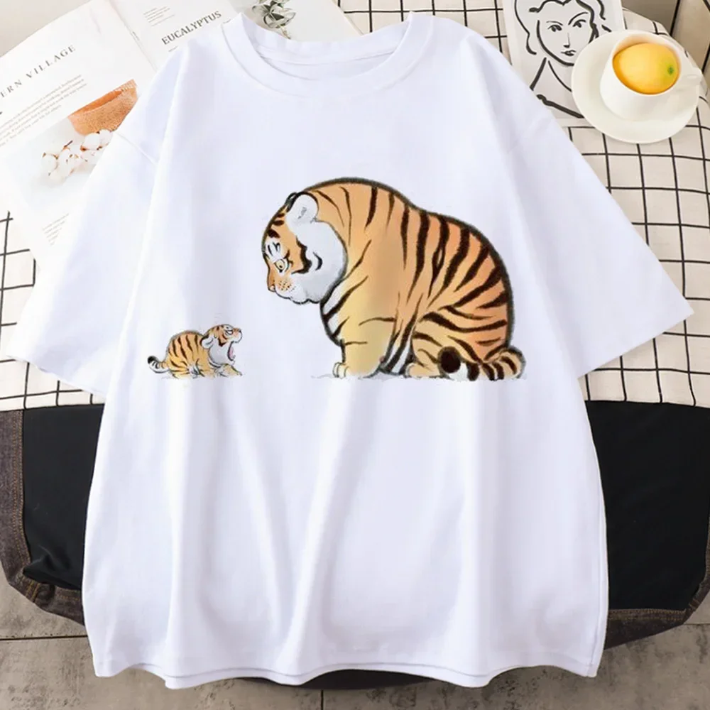 

Женская футболка с забавным принтом Fat tiger сердцебиения, летняя повседневная футболка с коротким рукавом, топы в стиле Харадзюку, женская футболка, милая мультяшная одежда