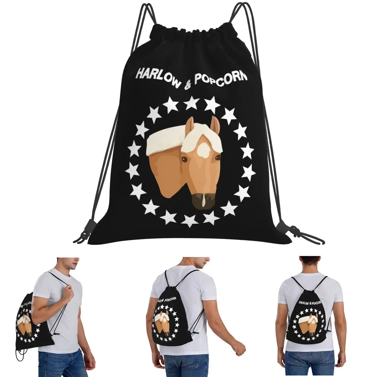 

Рюкзаки Harlow And Popcorn Merch Popcorn The Pony, модные рюкзаки на шнурке, карманная сумка для мелочей, сумки для книг для мужчин и женщин