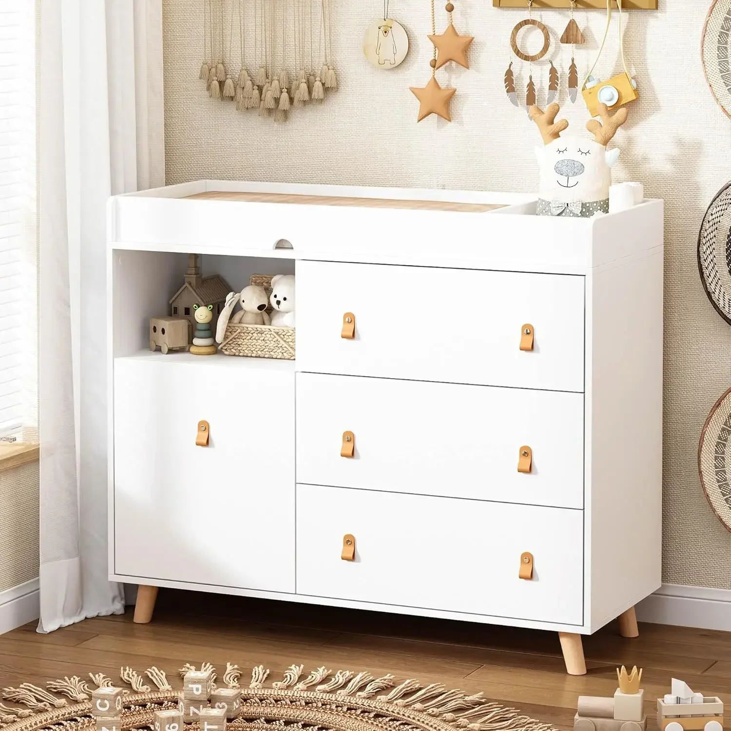 Baby Dresser Changing Table with Drawers Shelf Hidden Laundry Basket Storage 2 in 1 Nursery Dresser Chest for Infants
