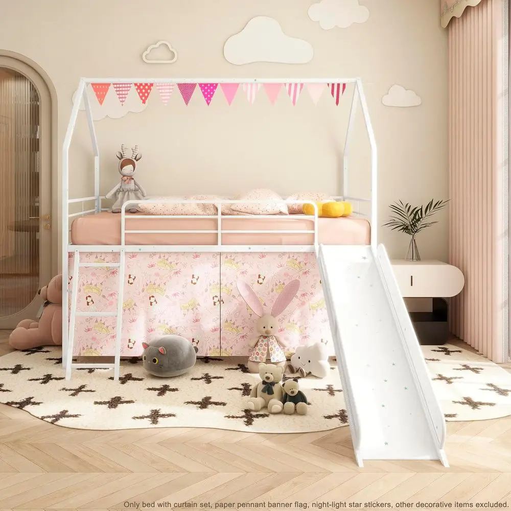 

Twin Metal Loft Bed with Slide and Curtain for Kids - Playhouse Style, White and Pink