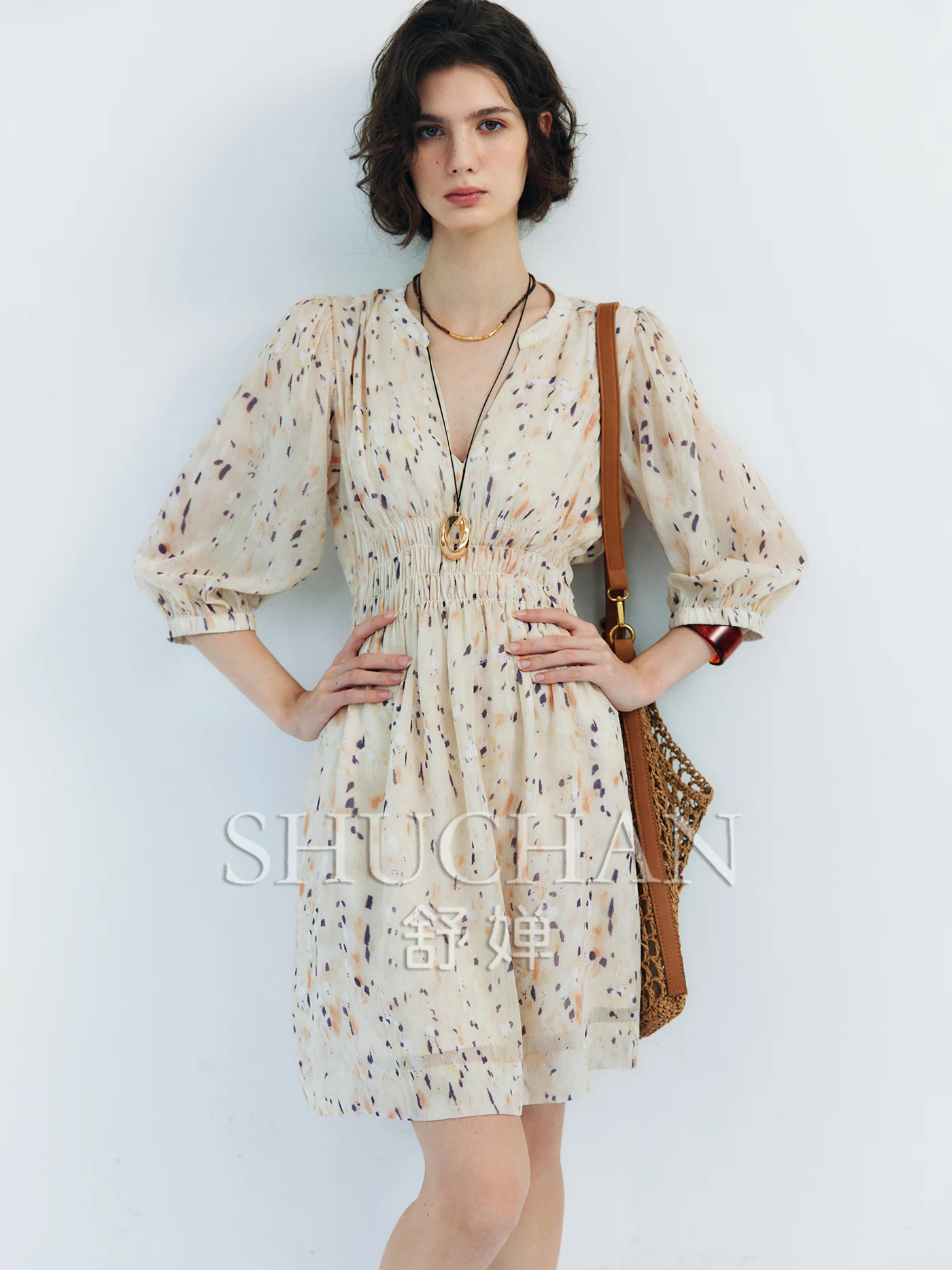 

V-neck Waist Floral Apron Coffee Break Dress + Streamer Collar Women Vestidos De Verano Mujer 2025