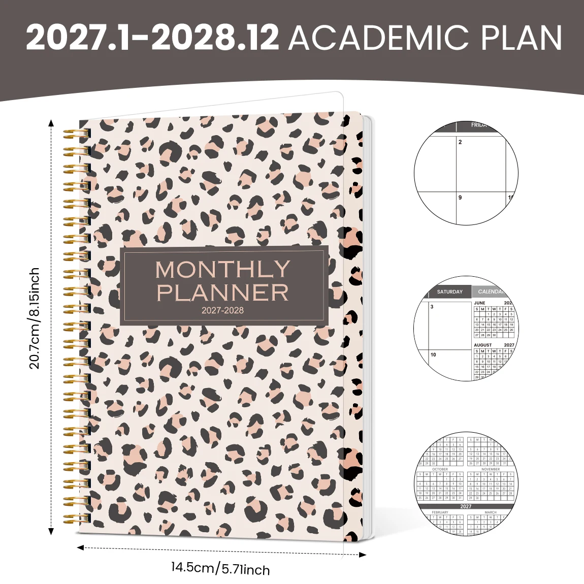 1PC Monthly Planner Notebook 2027-2028, Leopard Spiral Calendar with Colorful Index Tabs for Work, Study & Daily Planning