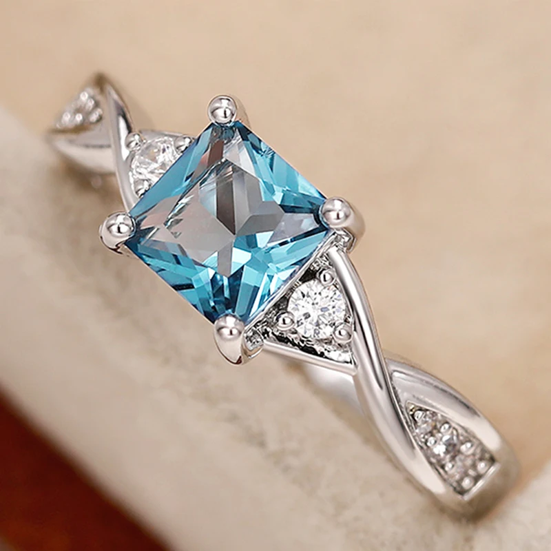 Huitan Blue Princess Square Cut Zirconia Ring Women Fashion Luxury Wedding Band Bridal Accessories Silver Color Finger Jewelry