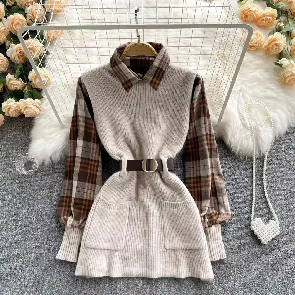 Argyle Sweater Womens 2021 New Plaid Shirt Fashion Knit Suit Mid-length Sweater Skirt Waist Tie