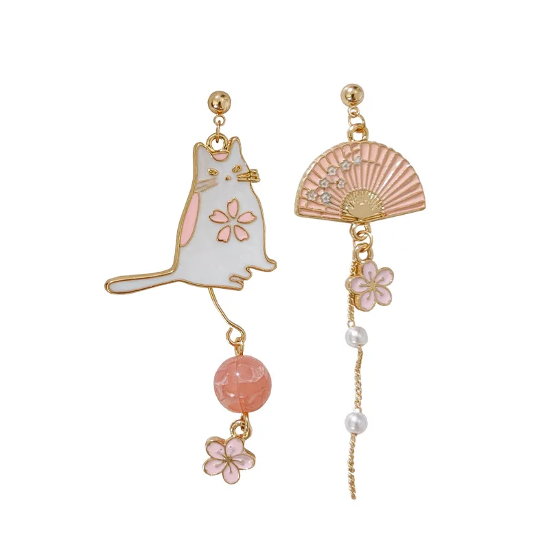 Vintage Chinese Style Flower Fan Earrings for Women Cute Asymmetrical Crane Cat Drop Earring Party Daily Fashion Jewelry