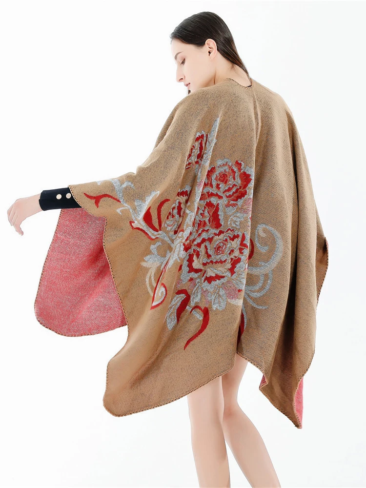 New Fashion Floral Print Temperament Double Side Shawl Women Autumn Winter Thick Warm Comfortable Soft Wild Tassel Cloak