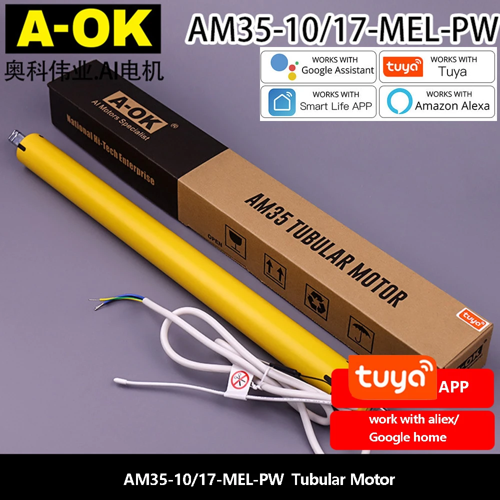 A-OK AM35-10/17-MEL-PW Tuya WiFi Tubular Motor for Smart Blinds for 40mm/45mm/47mm/50mm Tube Rolling Shutter work with alexa
