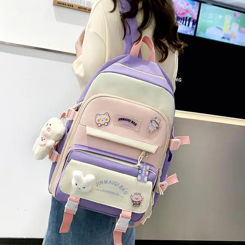 Kawaii Ba Lô Combo Ba Lô Xinh Xắn Cho Trường Học Với Kawaii Mặt Dây Chuyền Gấu 5 Miếng Nhẹ Oxford Canvas Ba Lô Bộ Với