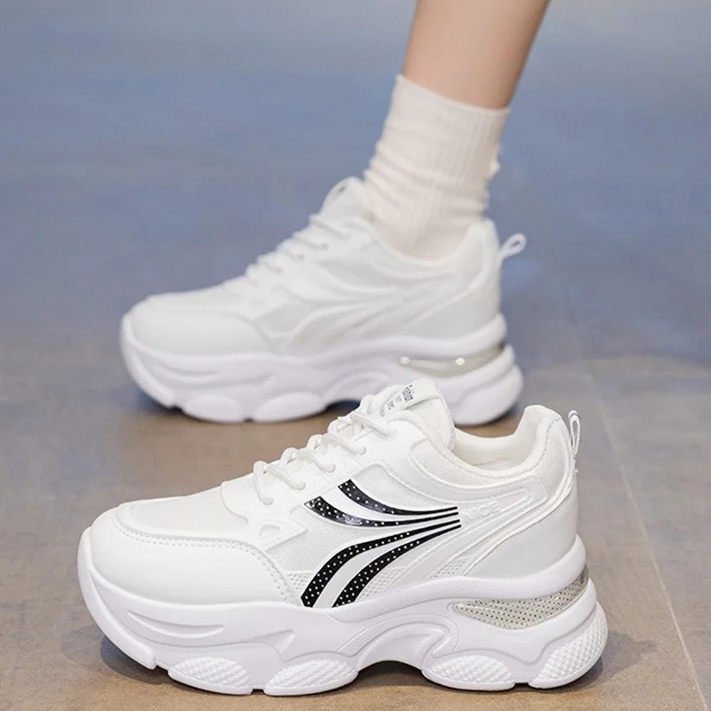 

Women's Sports Shoes Knitted Fabric Leather Splicing Platform Clunky Sneakers Cushion Thick-soled Height-increasing Casual Shoes
